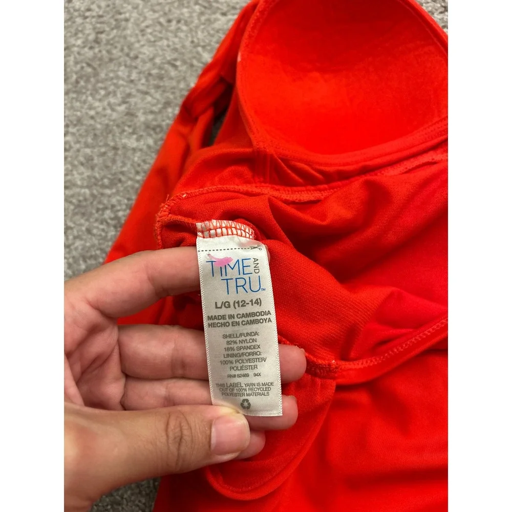 Time and Tru One Piece Swimsuit Womens Large 12-14 Red Excellent Ruched V-Neck